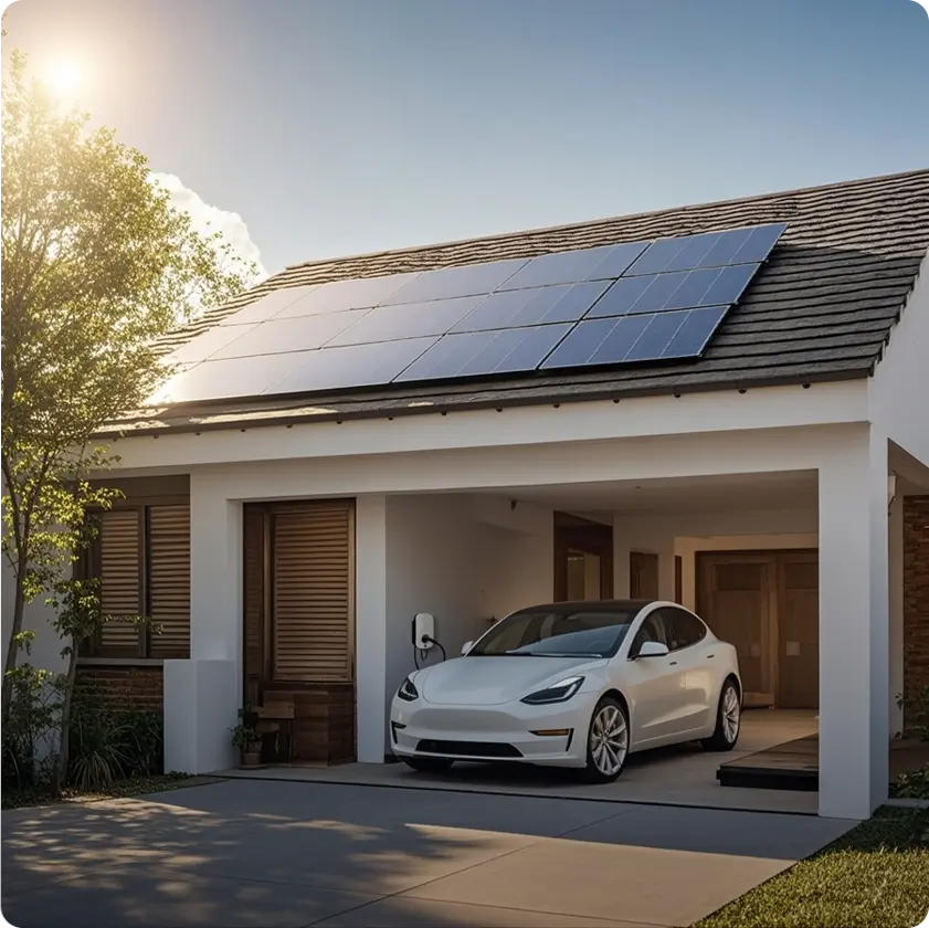 Véhicule électrique en charge devant une maison solaire en journée