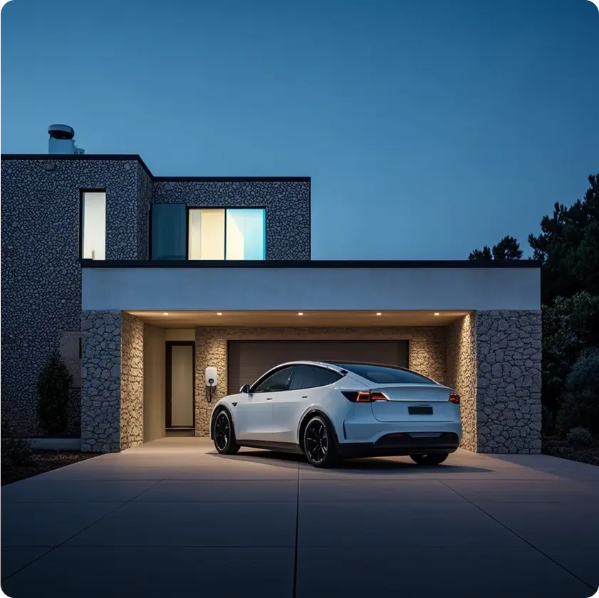 Véhicule branché devant une maison moderne illuminée la nuit
