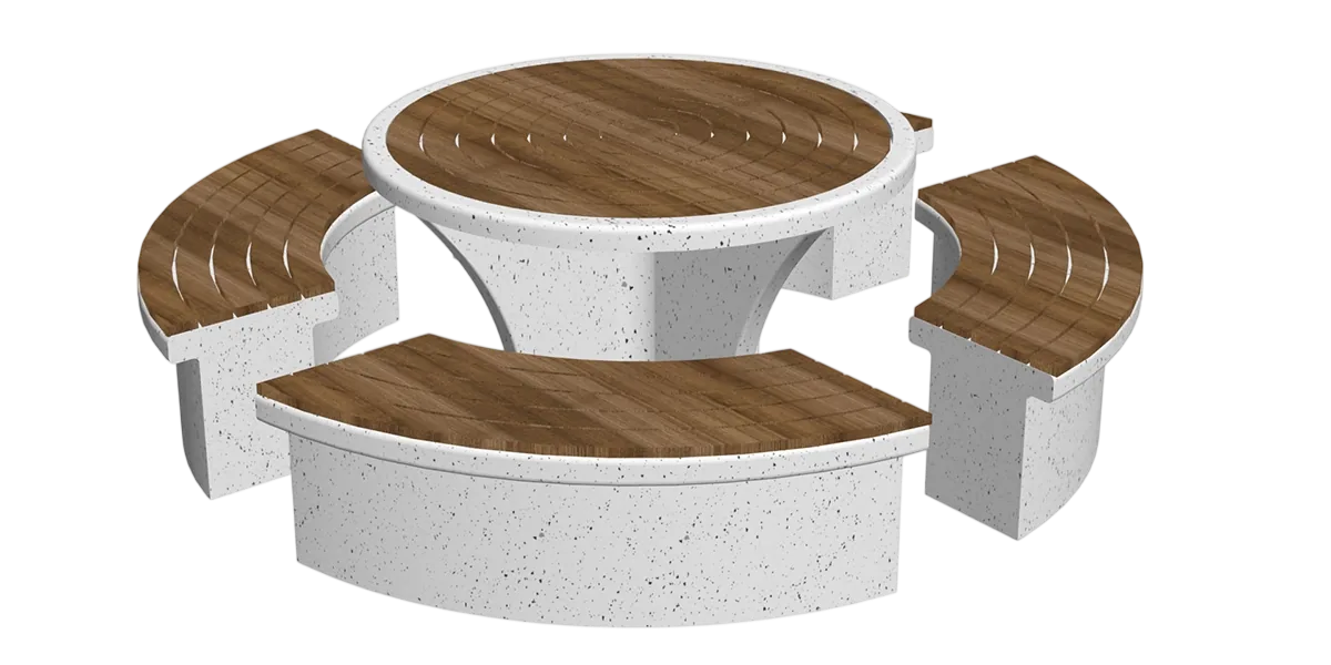Table extérieure circulaire Beaton entourée de bancs courbes à plateau en bois