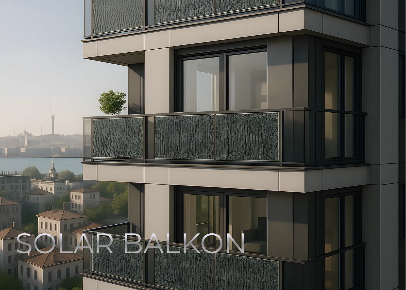 Architectural illustration of photovoltaic balcony panels