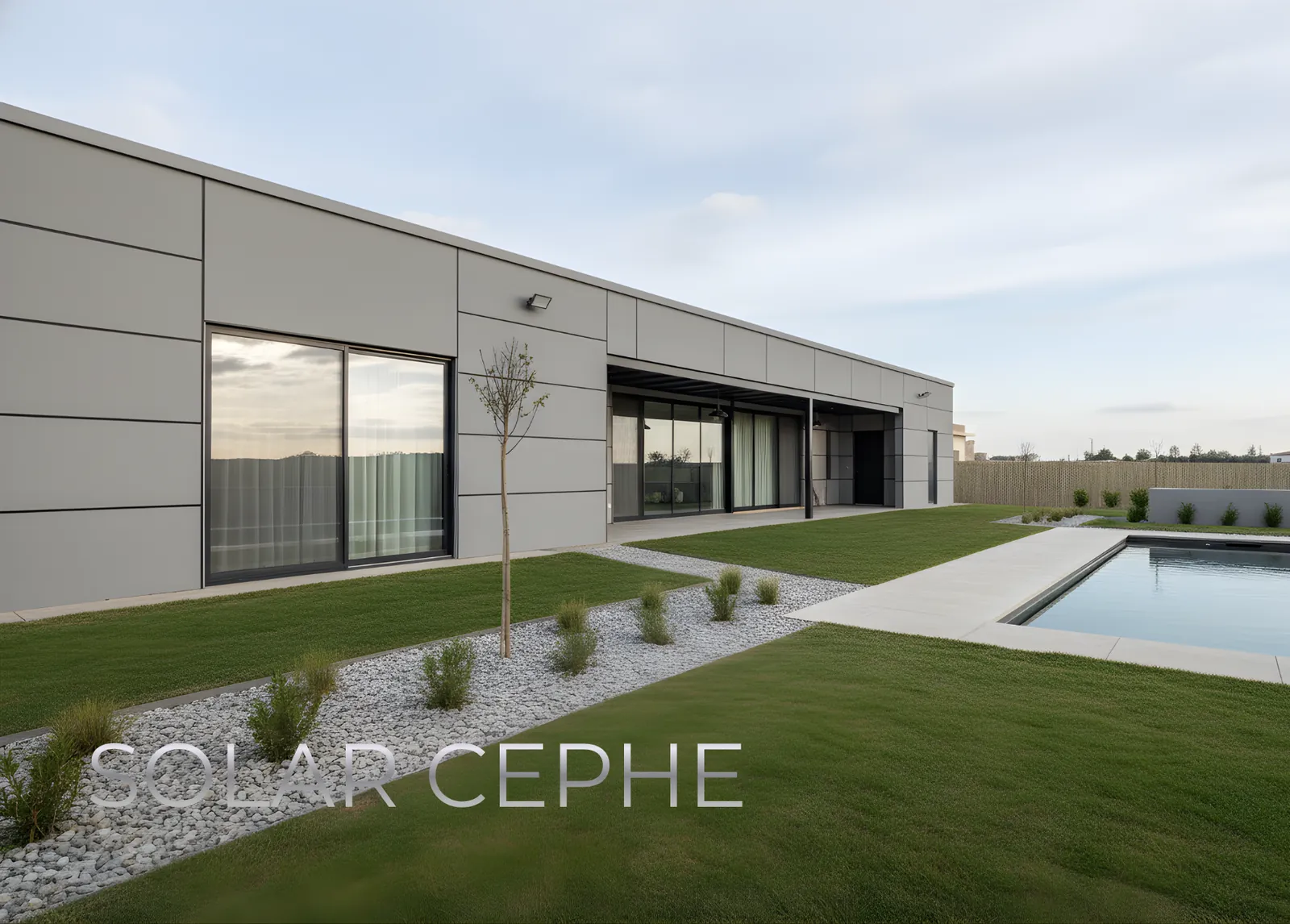 Architectural illustration of a contemporary house with grey façade cladding