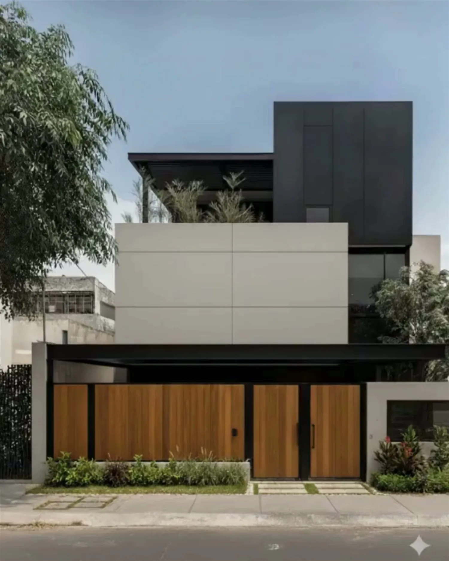 Architectural visual of a multi-level contemporary home with contrasting façade finishes