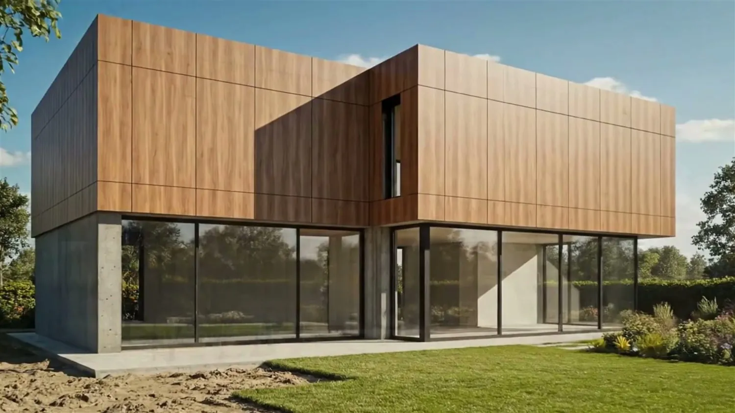 Architectural visual of a contemporary building with vertical warm-toned cladding