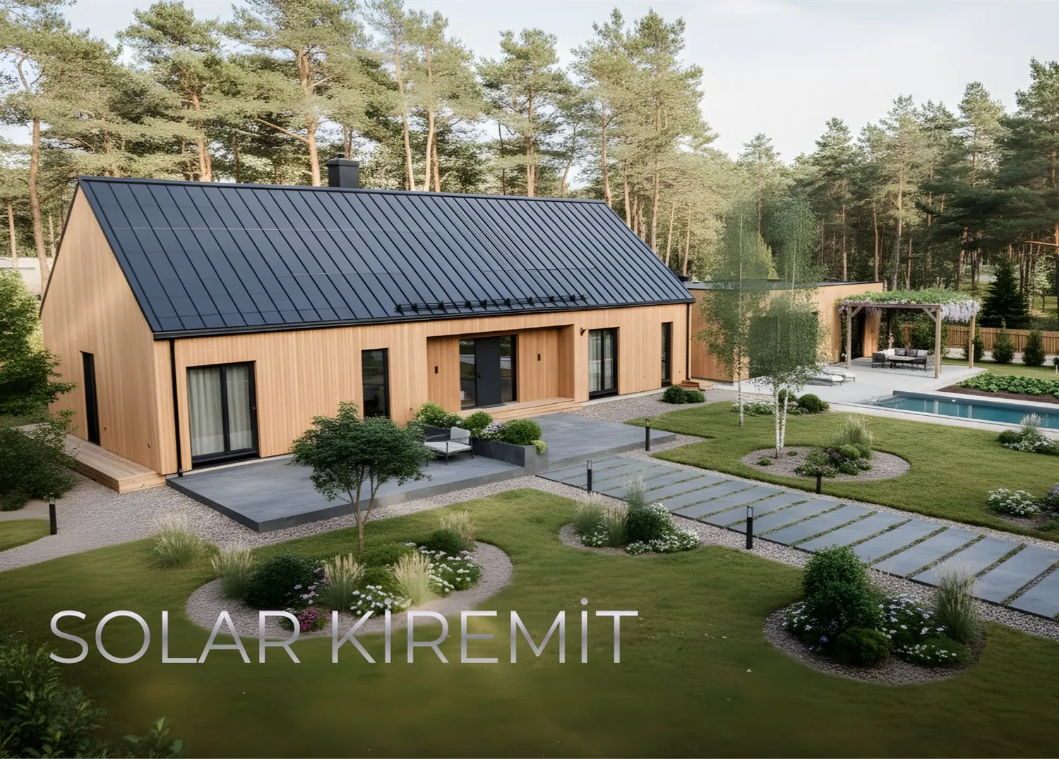 Architectural illustration of a timber home with a dark solar-tile roof
