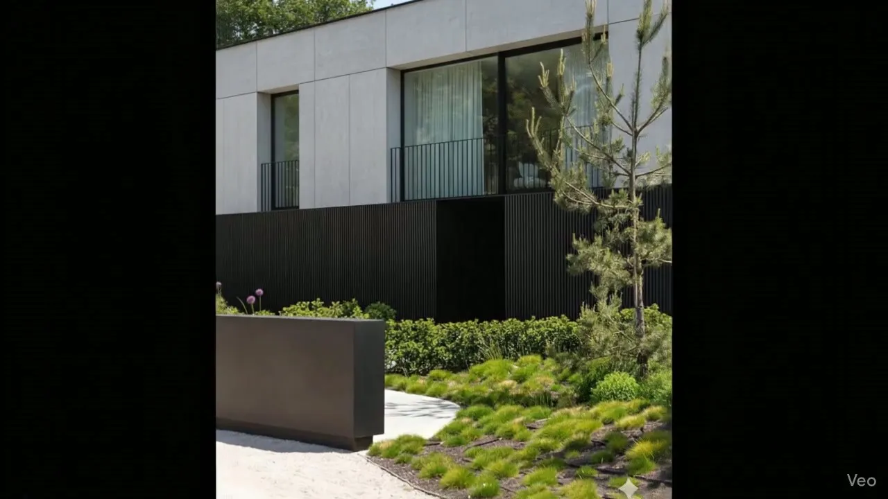 Architectural visual of dark façade panels beside glass and a landscaped garden