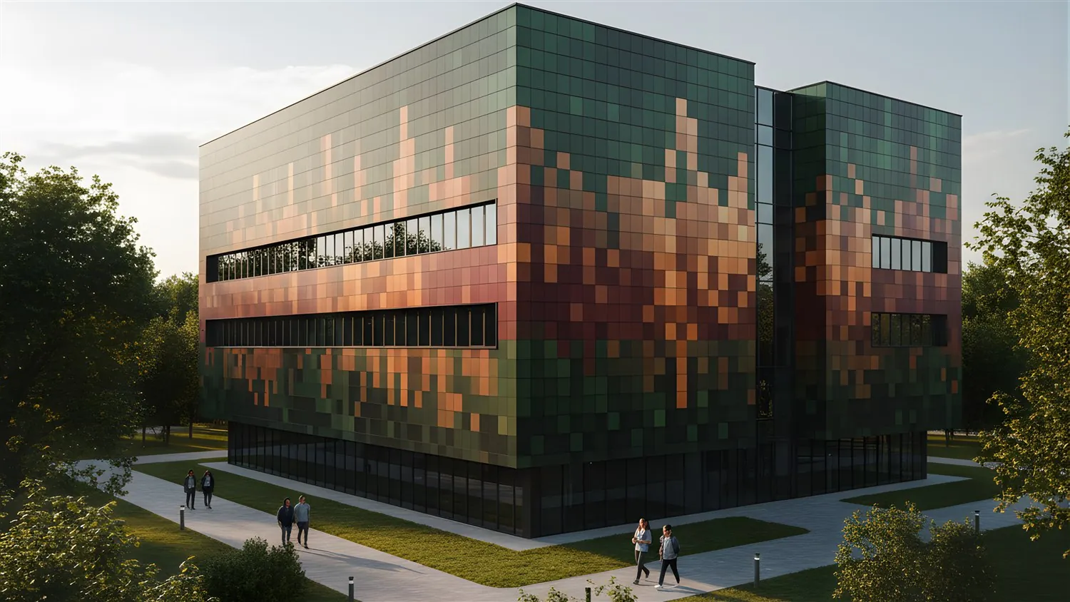 Architectural visual of a large building with copper-toned and dark façade panels