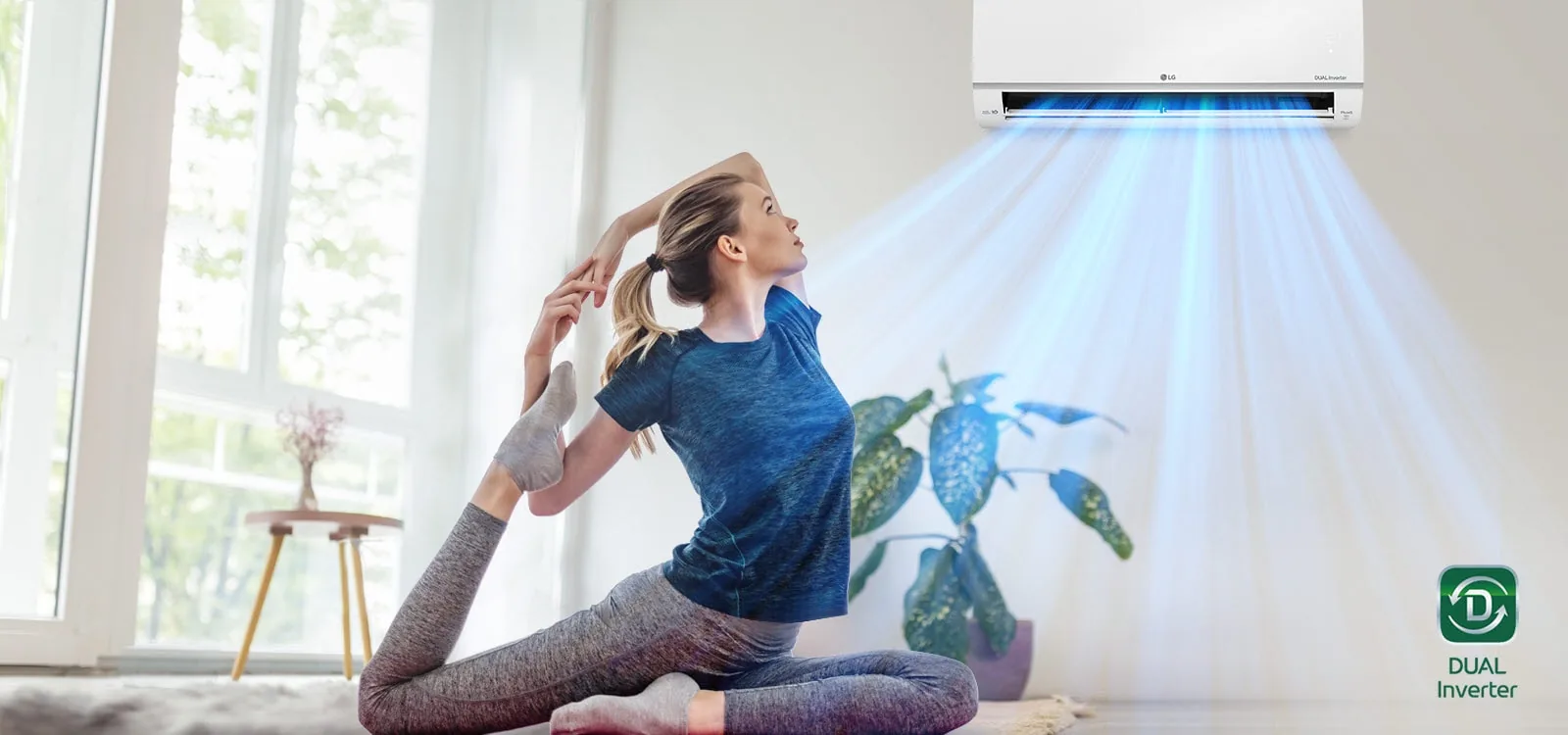 Climatiseur LG Dual Inverter dans une pièce lumineuse utilisée pour le sport