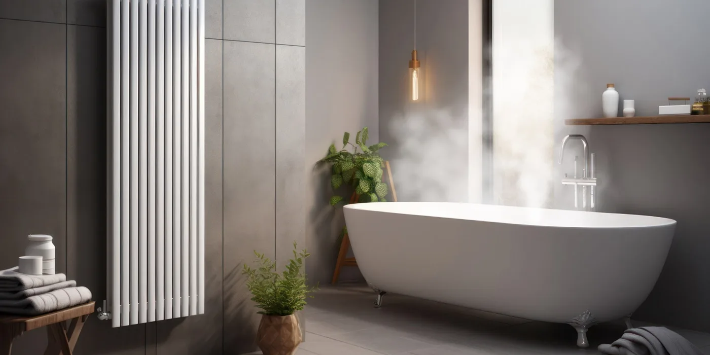 Image LG d’une salle de bains avec radiateur mural et baignoire îlot