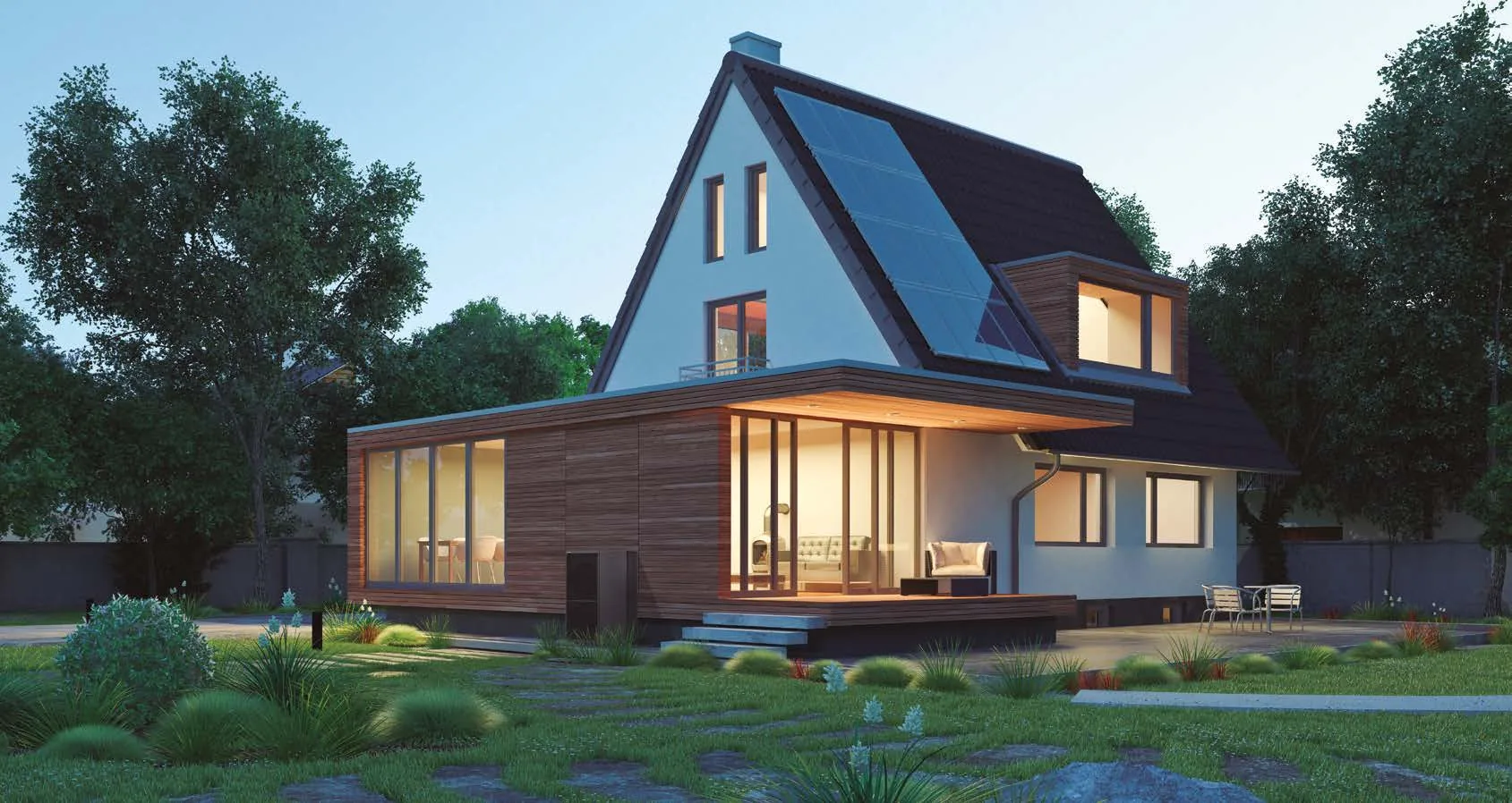Maison concept Panasonic avec panneaux solaires en toiture, éclairage intérieur chaleureux et pompe à chaleur extérieure