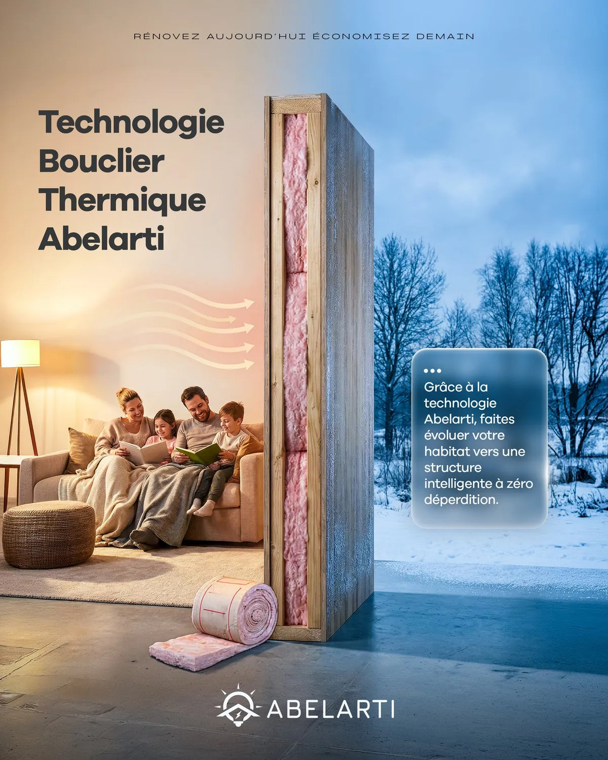 Illustration Abelarti d’un mur thermique montrant une famille à l’intérieur en hiver