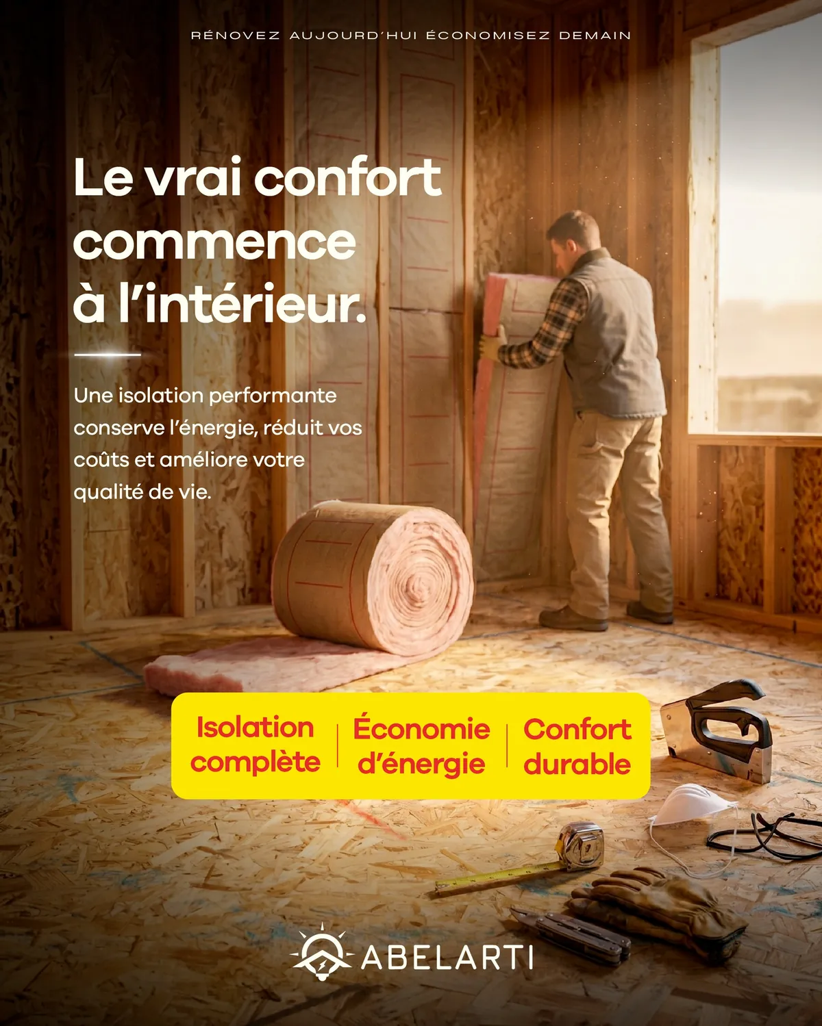 Illustration Abelarti d’un isolant posé entre les montants en bois d’un mur