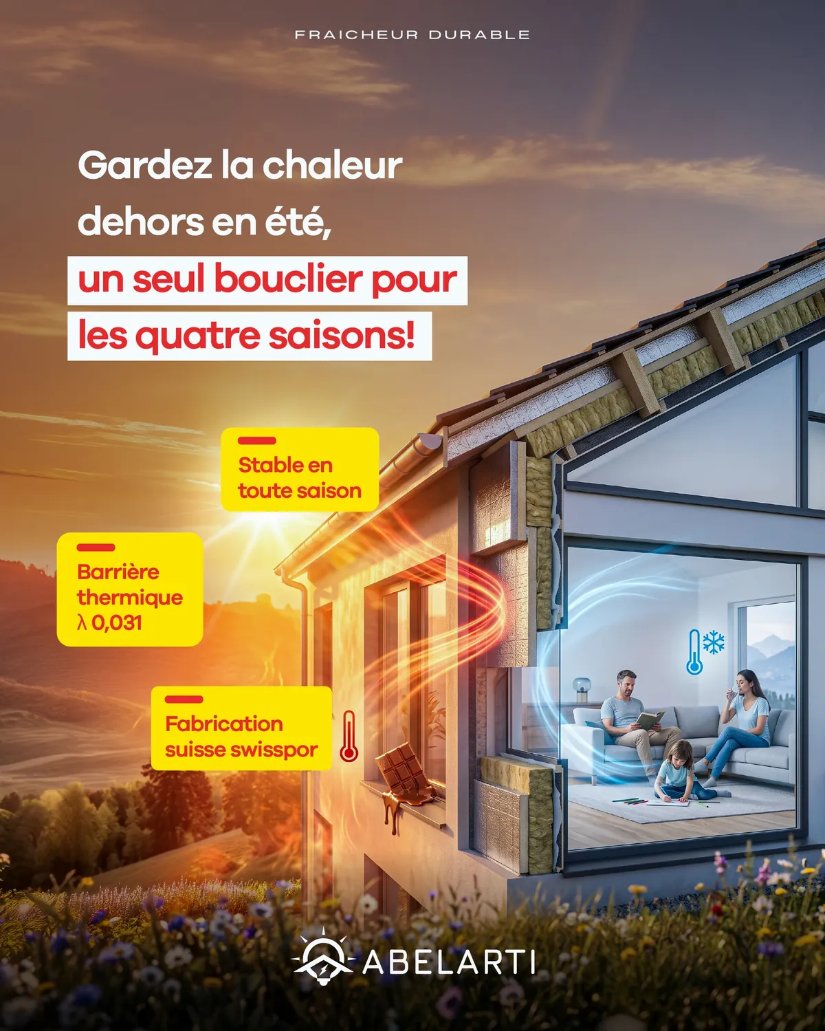 Illustration isolation Abelarti montrant une coupe de maison en été
