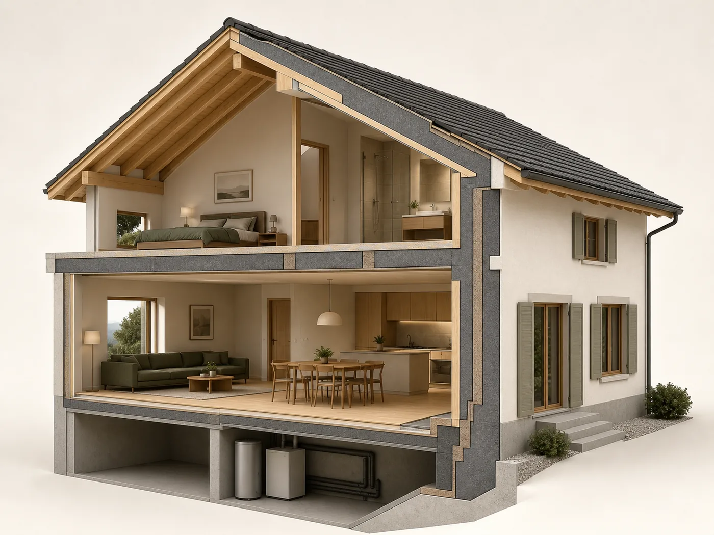 Coupe conceptuelle d’une maison montrant le toit, les murs et le sous-sol comme éléments de son enveloppe