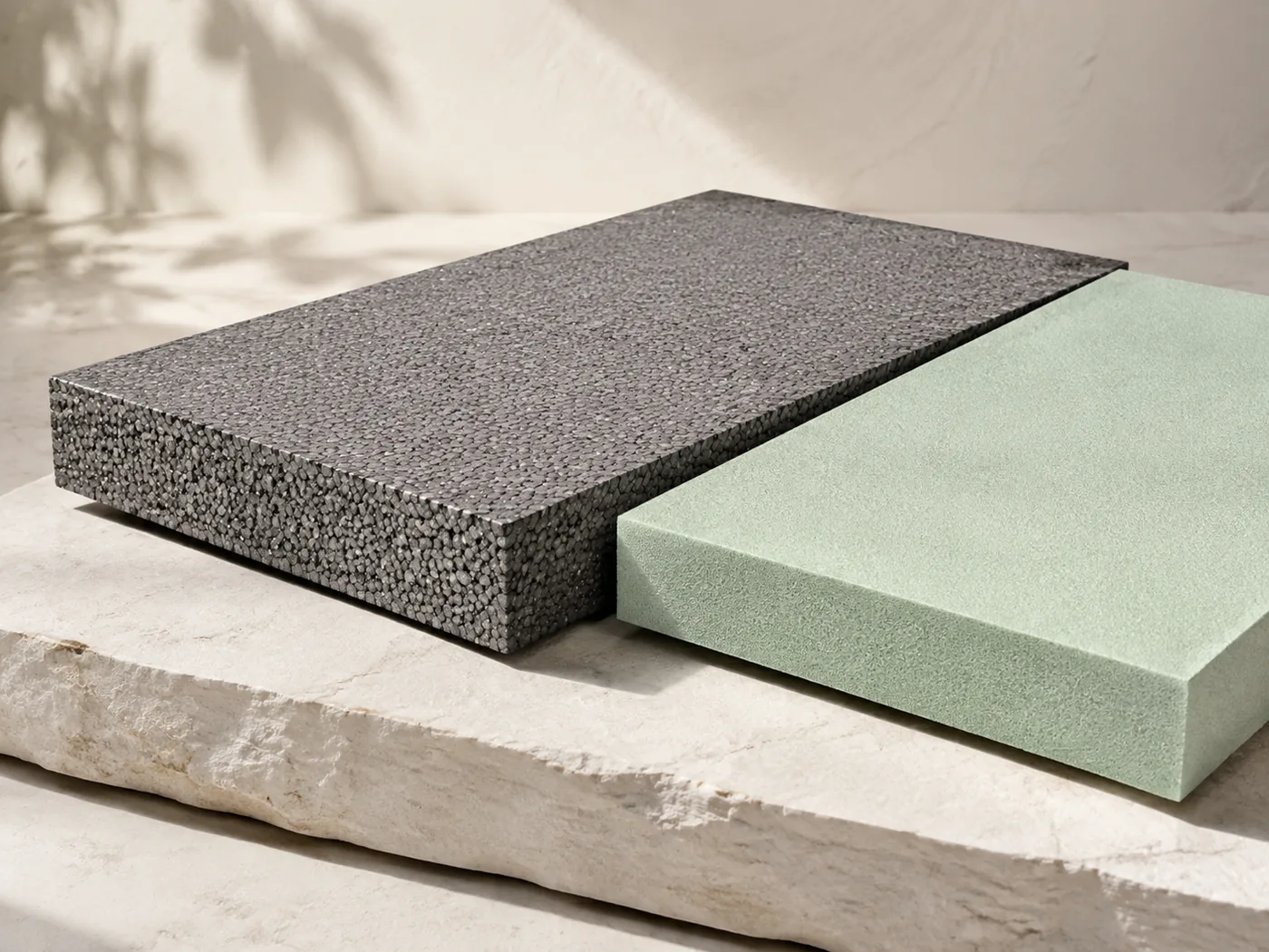 Étude conceptuelle en studio comparant les textures d’un EPS graphité et d’un panneau XPS rigide