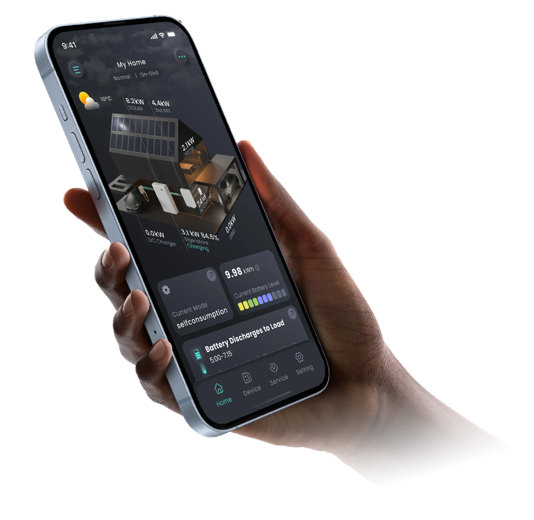 L’app mySigen sur un téléphone, affichant production solaire, stockage et flux VE en direct