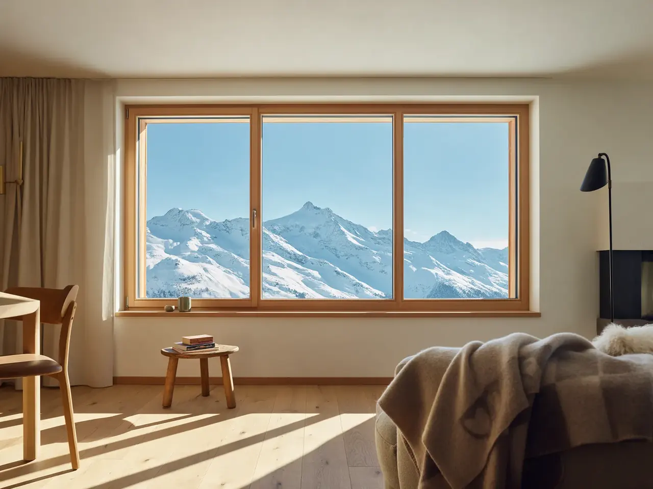 Illustration : grande fenêtre moderne dans le séjour d'un chalet rénové, vue sur les Alpes