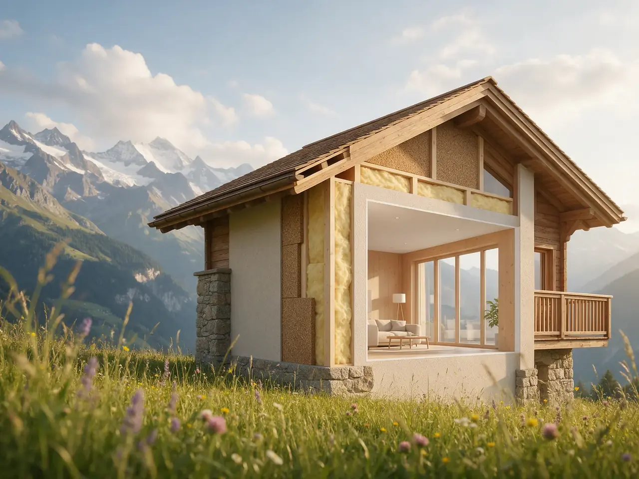 Illustration : coupe d'un chalet rénové montrant les couches d'isolation