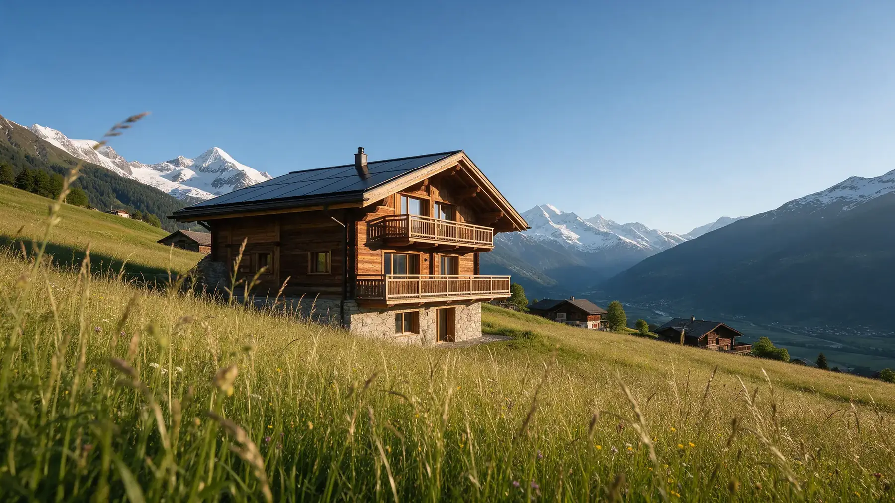 Illustration : chalet valaisan avec toiture solaire au-dessus de la vallée du Rhône
